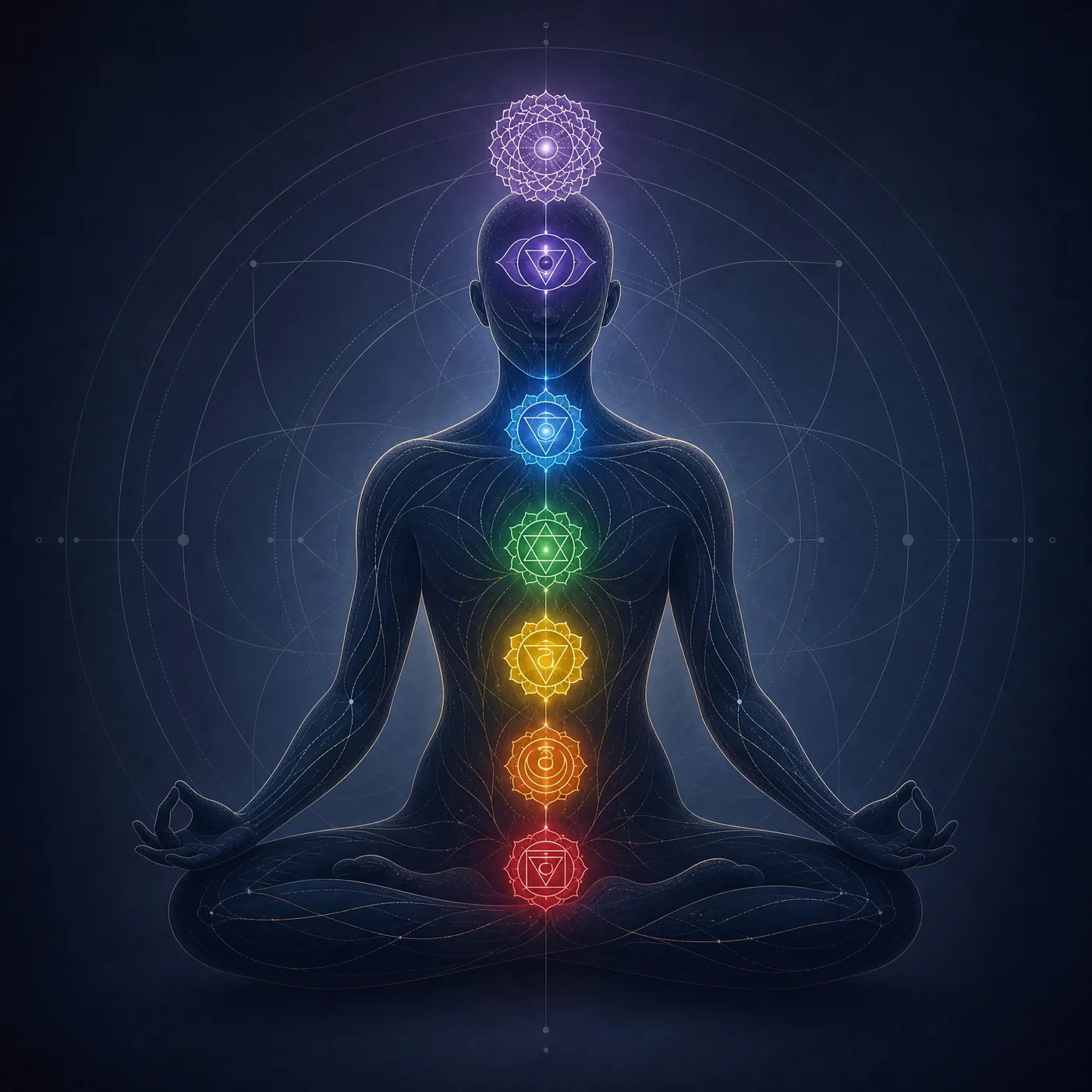Ilustração dos sete chakras alinhados no corpo, numa figura sentada em meditação.