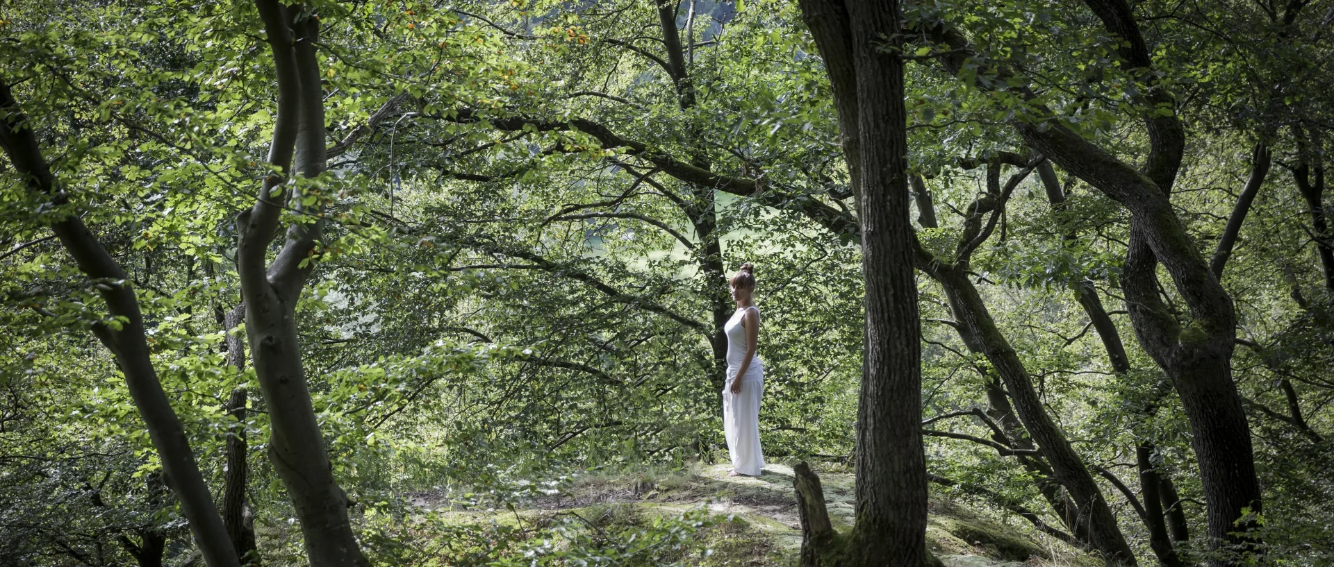 Patricia na floresta, vestida de branco.