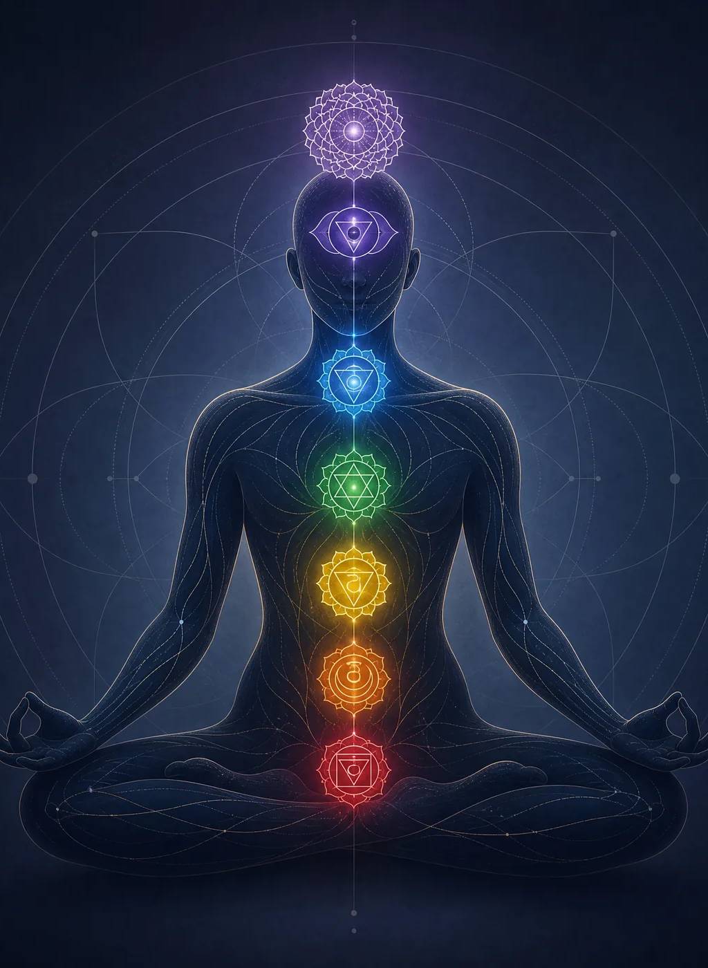 Ilustração dos sete chakras alinhados no corpo, numa figura sentada em meditação.